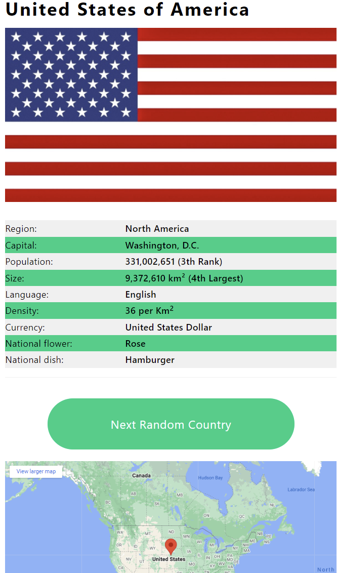 Random country generator listing example of the USA.